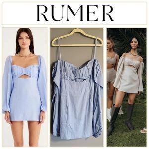 NWT RUMER REVOLVE Size Small Camille Light Blue Mini Dress Off Shoulder